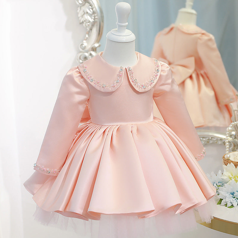 Pink Princess Flower Girl Dress: Sequins, Collared Long Sleeve
