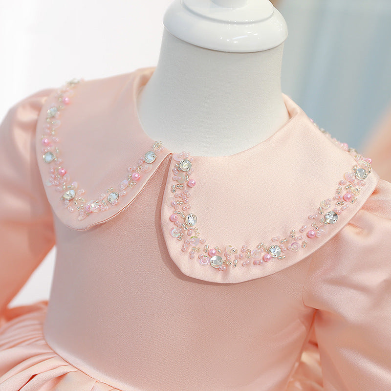 Pink Princess Flower Girl Dress: Sequins, Collared Long Sleeve