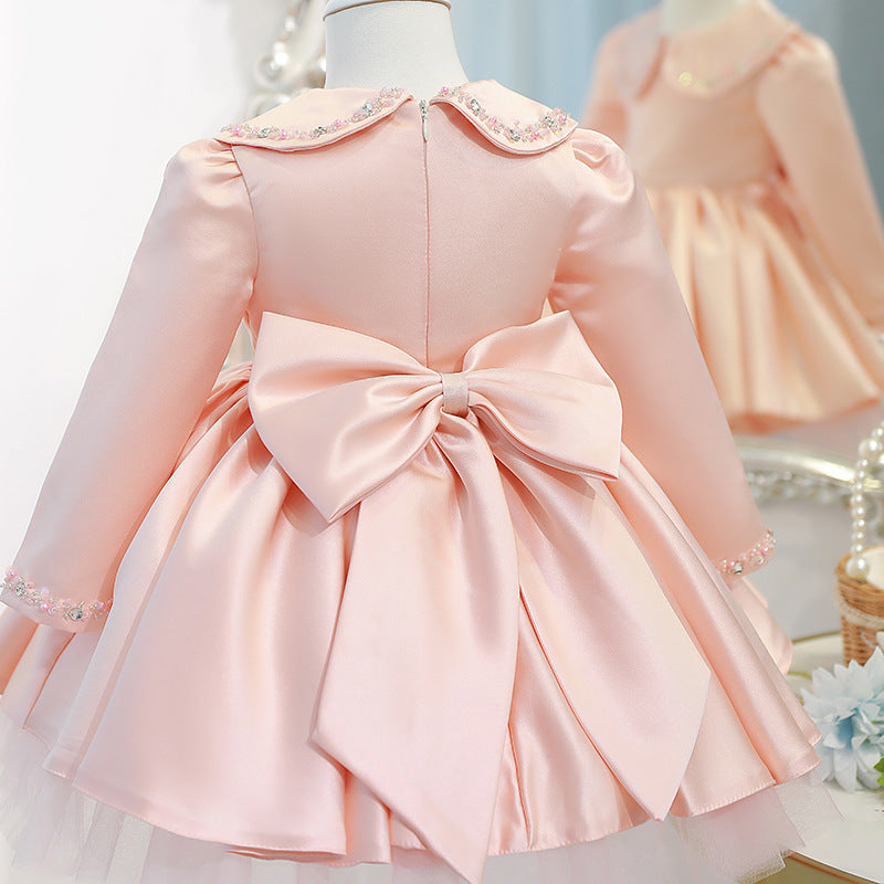 Pink Princess Flower Girl Dress: Sequins, Collared Long Sleeve