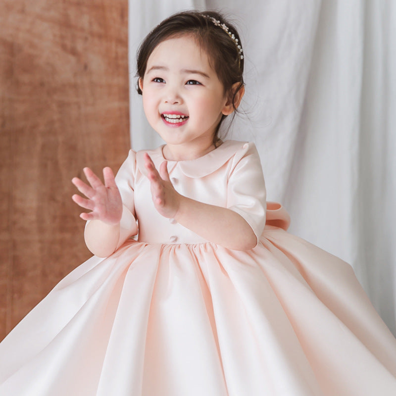 Pink Princess Knee-Length Flower Girl Dress with Collar
