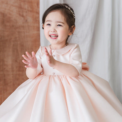 Pink Princess Knee-Length Flower Girl Dress with Collar