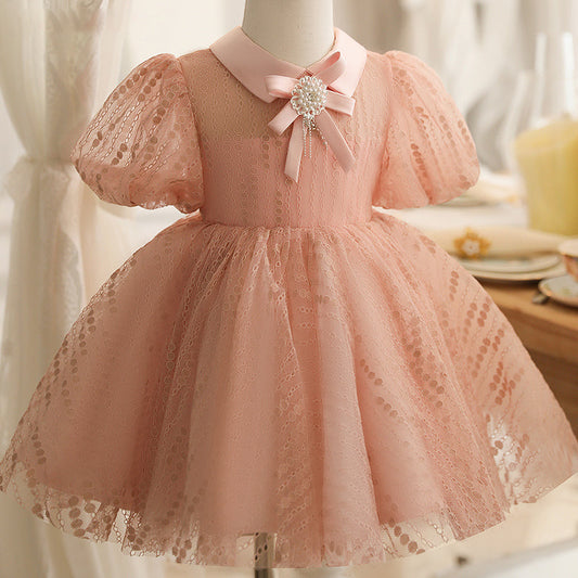 Pink Princess Lace Flower Girl Dress with Puff Sleeves