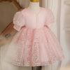 Pink Princess Lace Flower Girl Dress with V-Neck and Lantern Sleeves