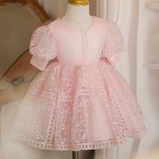 Pink Princess Lace Flower Girl Dress with V-Neck and Lantern Sleeves
