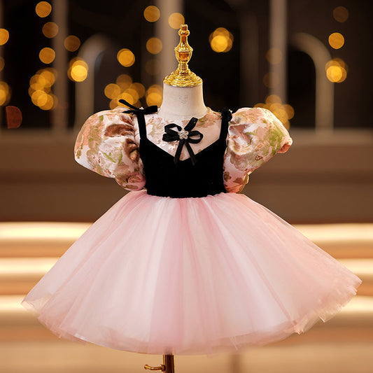 Pink Princess Satin & Tulle Flower Girl Dress - Puff Sleeves