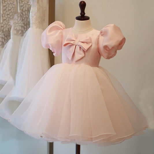 Pink Princess Satin and Tulle Flower Girl Dress with Bows