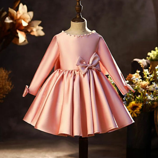 Pink Princess Tea-Length Flower Girl Dress with Bows & Ruffles