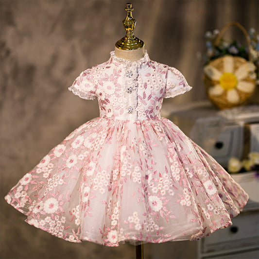 Pink Princess Tea-Length Flower Girl Dress with Lace & Flowers