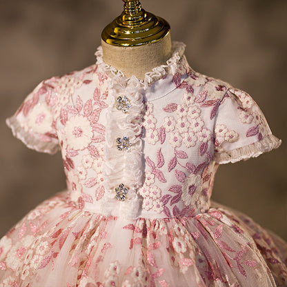 Pink Princess Tea-Length Flower Girl Dress with Lace & Flowers
