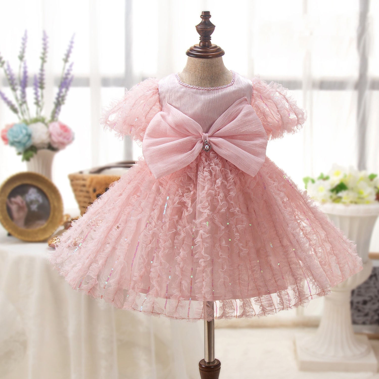 Pink Princess Tea-Length Flower Girl Dress with Lace and Bows