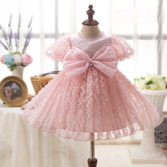 Pink Princess Tea-Length Flower Girl Dress with Lace and Bows