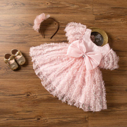 Pink Princess Tea-Length Flower Girl Dress with Lace and Bows