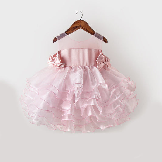 Pink Princess Tea-Length Flower Girl Dress with Ruffles