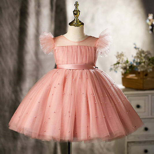 Pink Princess Tea-Length Flower Girl Dress with Tulle and Bows