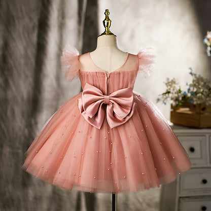 Pink Princess Tea-Length Flower Girl Dress with Tulle and Bows