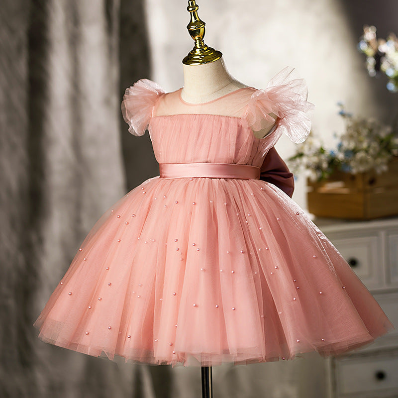 Pink Princess Tea-Length Flower Girl Dress with Tulle and Bows