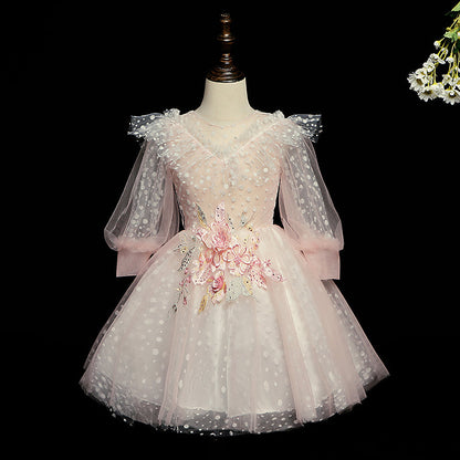 Pink Princess Tea-Length Tulle Flower Girl Dress with Lace