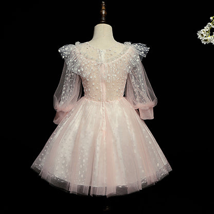 Pink Princess Tea-Length Tulle Flower Girl Dress with Lace