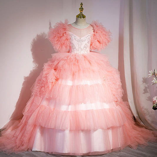 Pink Princess Tulle Flower Girl Dress - Pleated, Floor Length