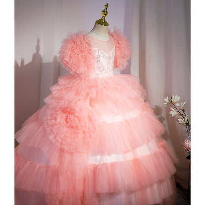 Pink Princess Tulle Flower Girl Dress - Pleated, Floor Length