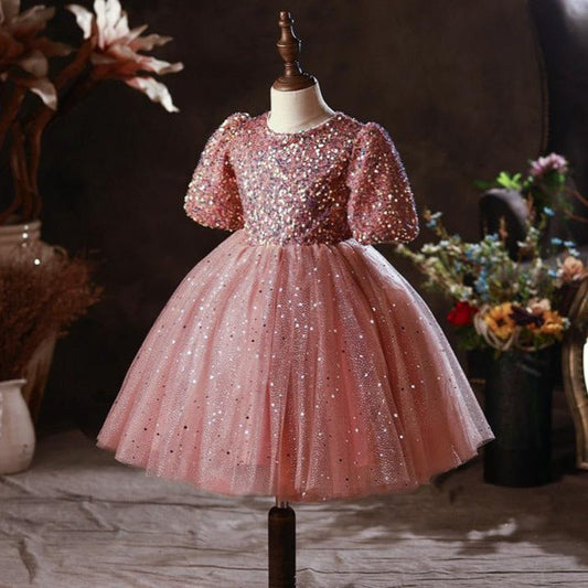 Pink Princess Tulle Flower Girl Dress with Sequins and Puff Sleeves