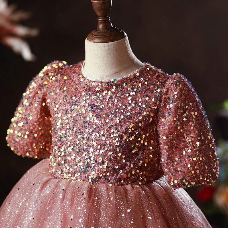 Pink Princess Tulle Flower Girl Dress with Sequins and Puff Sleeves