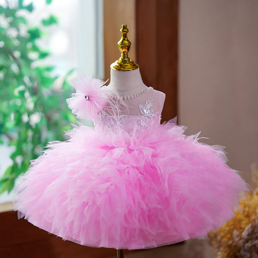 Pink Puffy Ball Gown Flower Girl Dress – Elegant Illusion Tulle Kids Party Dress