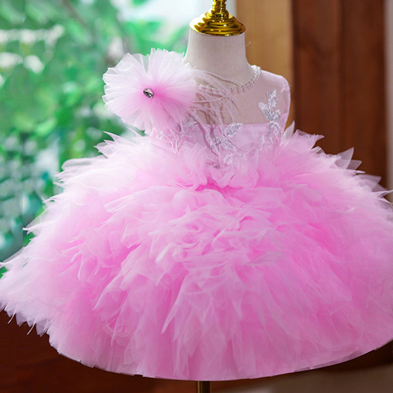 Pink Puffy Ball Gown Flower Girl Dress – Elegant Illusion Tulle Kids Party Dress