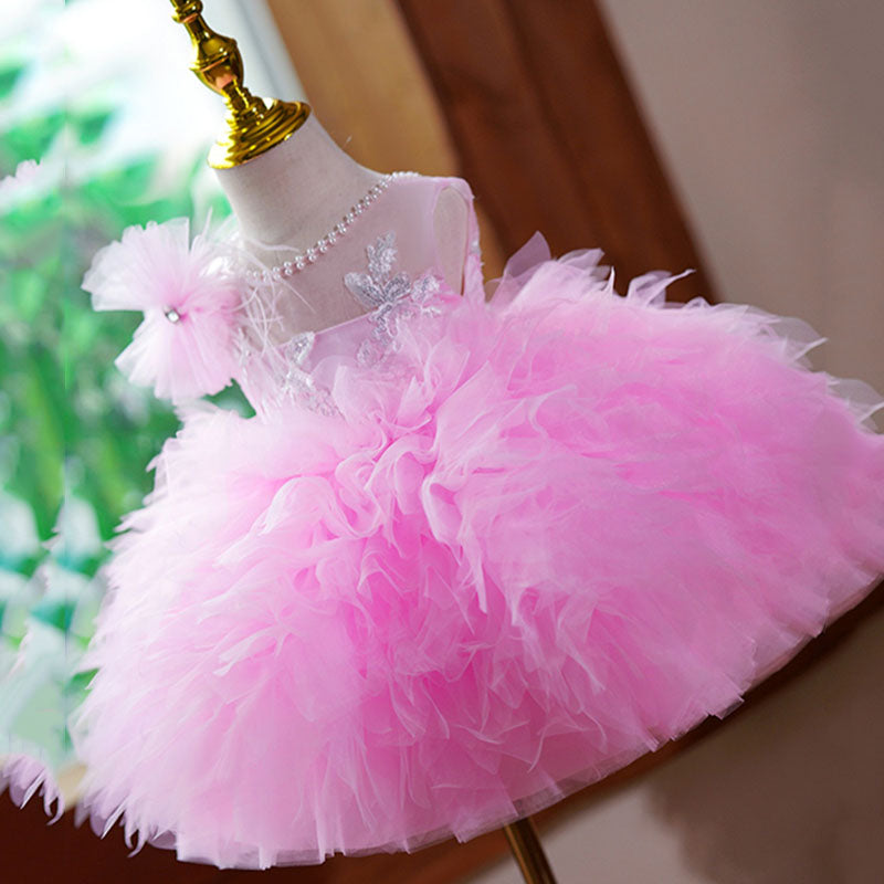 Pink Puffy Ball Gown Flower Girl Dress – Elegant Illusion Tulle Kids Party Dress