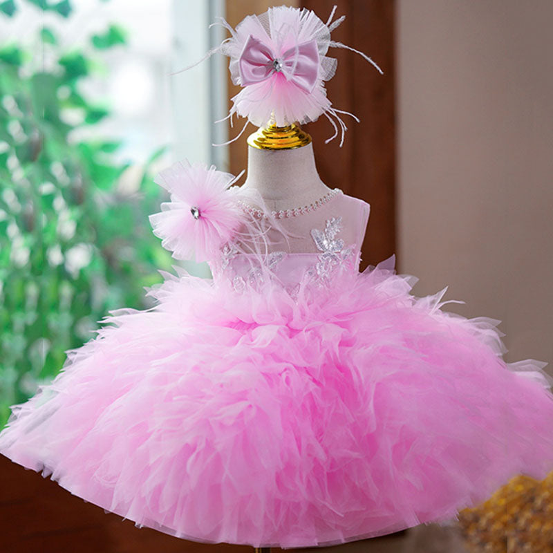 Pink Puffy Ball Gown Flower Girl Dress – Elegant Illusion Tulle Kids Party Dress