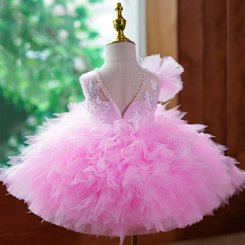 Pink Puffy Ball Gown Flower Girl Dress – Elegant Illusion Tulle Kids Party Dress
