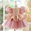 Pink Satin & Tulle Princess Flower Girl Dress with Bow – Short Sleeve