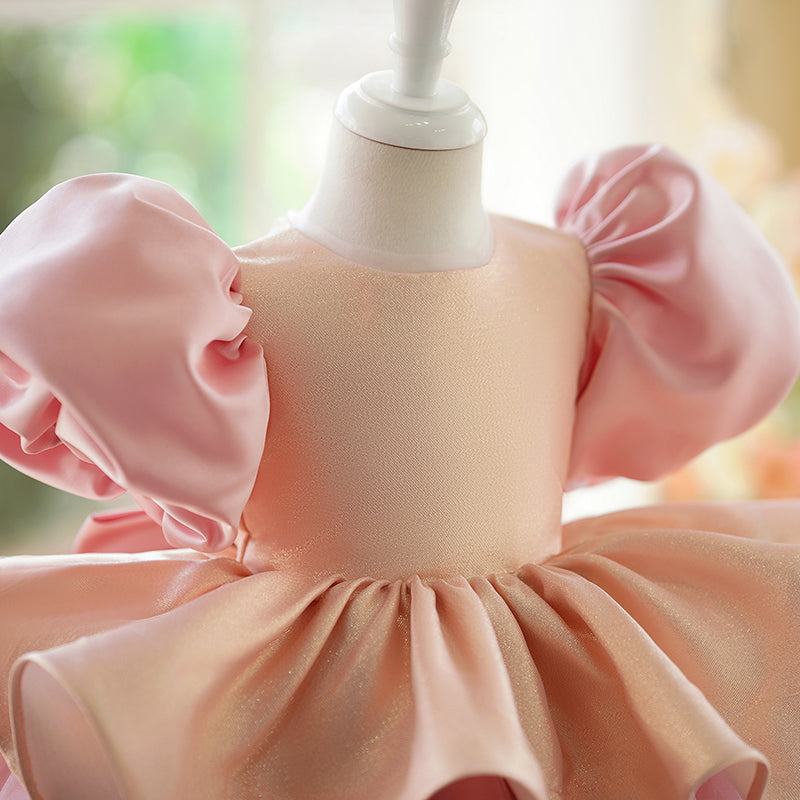 Pink Satin & Tulle Princess Flower Girl Dress with Bow – Short Sleeve