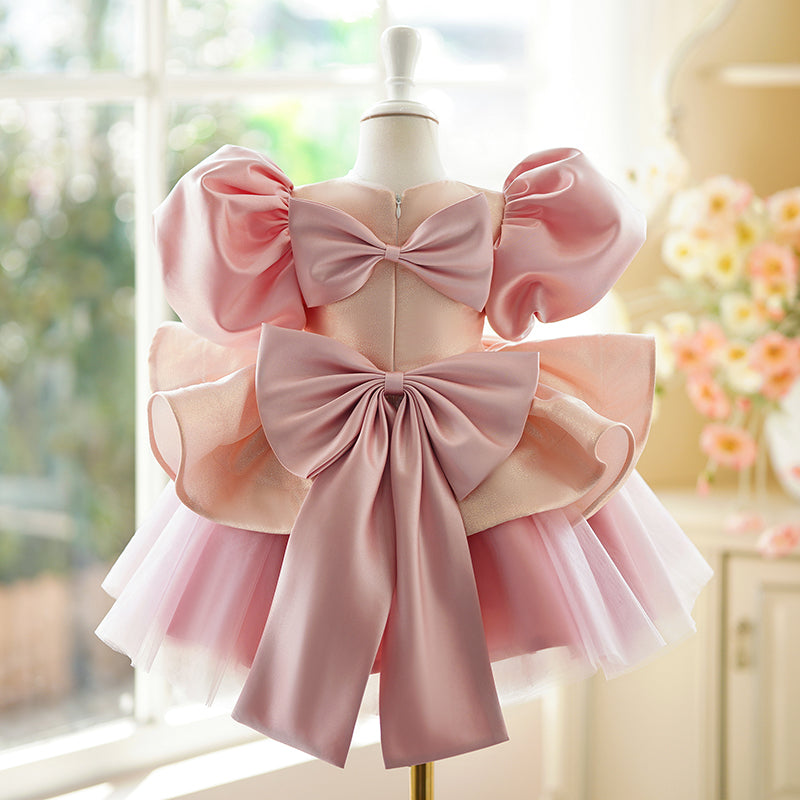 Pink Satin & Tulle Princess Flower Girl Dress with Bow – Short Sleeve