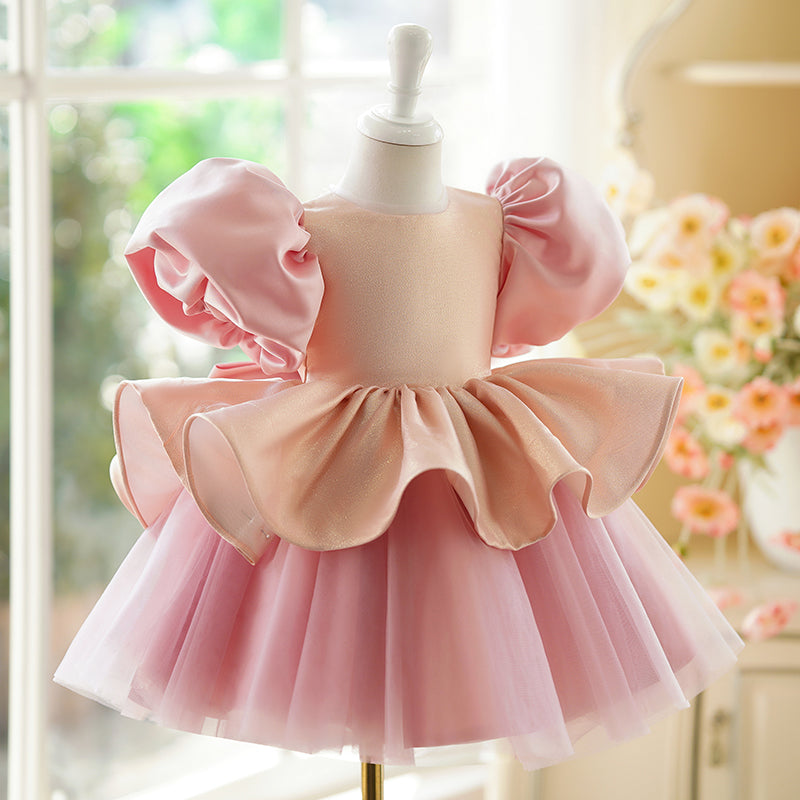Pink Satin & Tulle Princess Flower Girl Dress with Bow – Short Sleeve