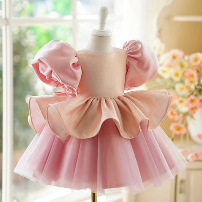 Pink Satin & Tulle Princess Flower Girl Dress with Bow – Short Sleeve