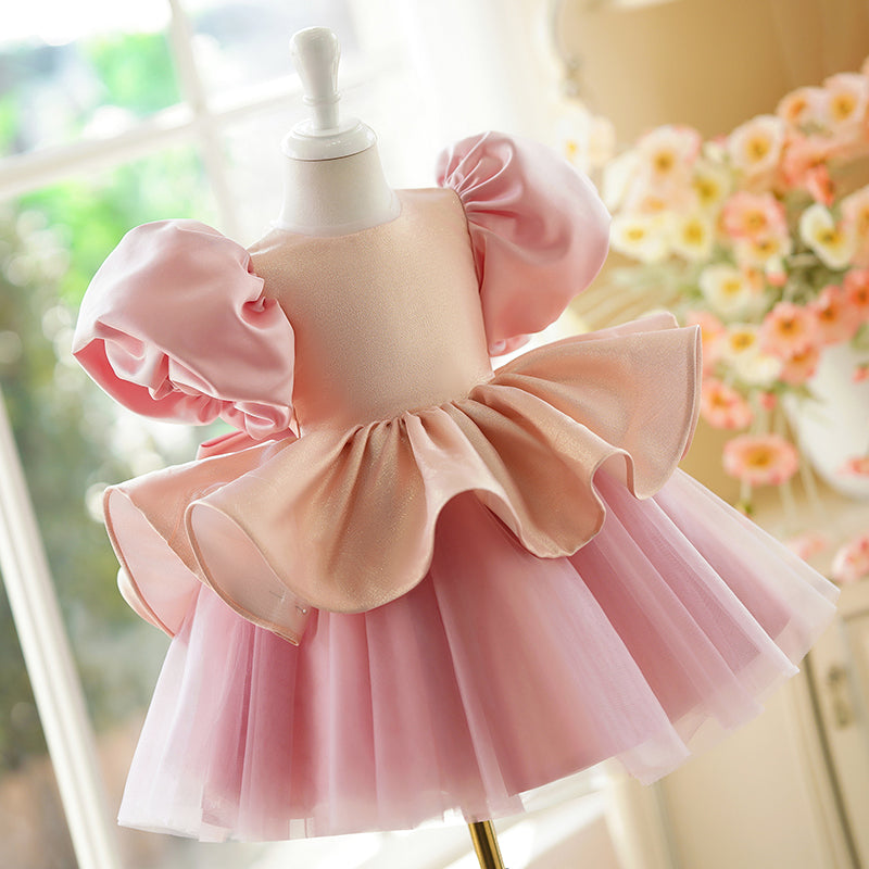 Pink Satin & Tulle Princess Flower Girl Dress with Bow – Short Sleeve