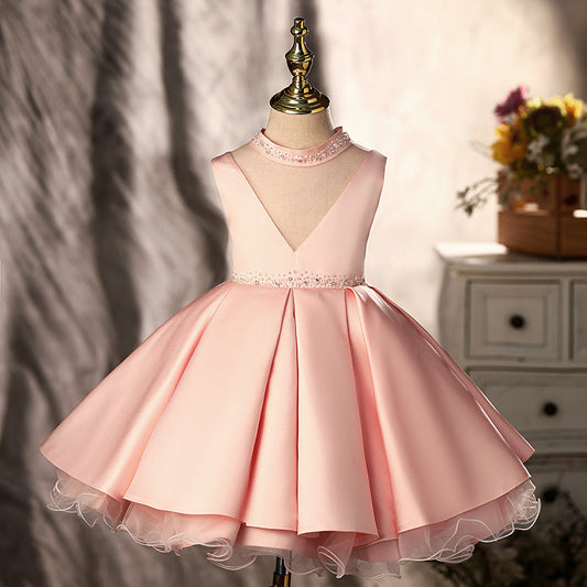 Pink Satin A-Line Flower Girl Dress with Beaded V-Neck