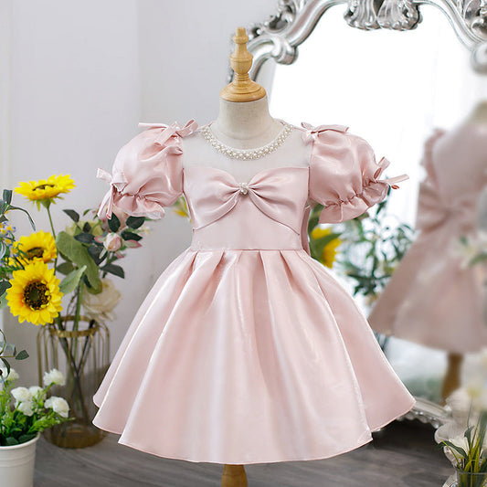 Pink Satin A-Line Flower Girl Dress with Beading & Puff Sleeves