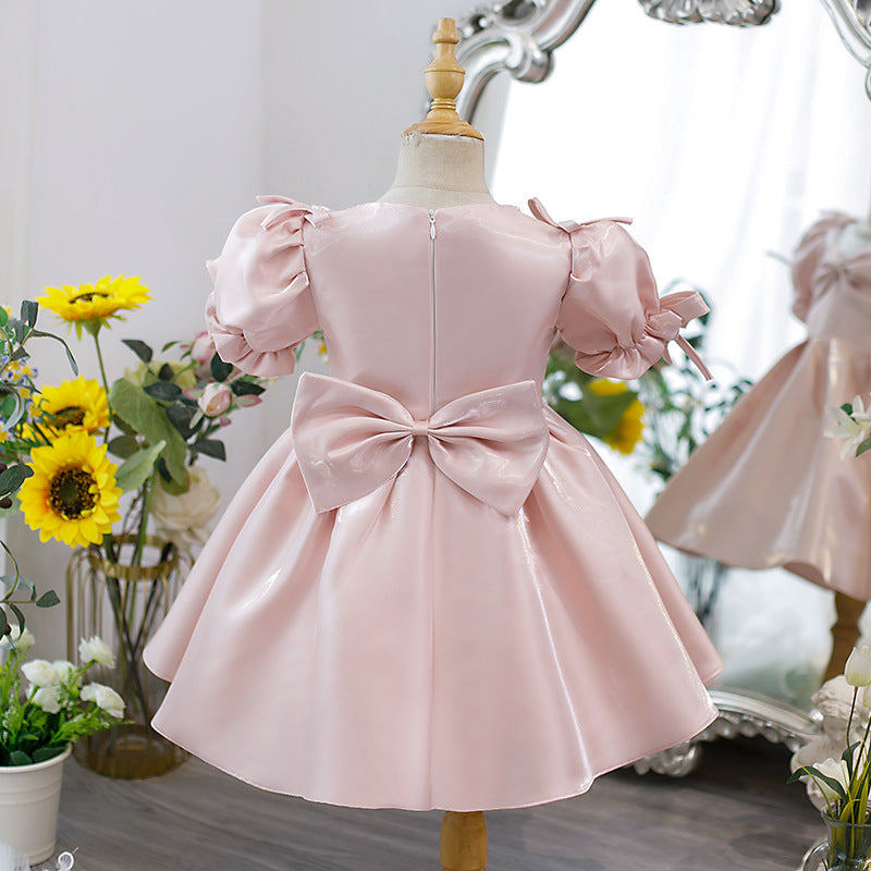 Pink Satin A-Line Flower Girl Dress with Beading & Puff Sleeves