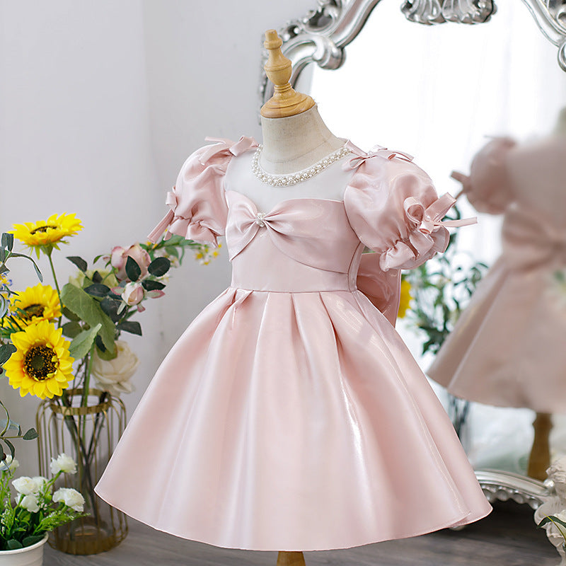 Pink Satin A-Line Flower Girl Dress with Beading & Puff Sleeves