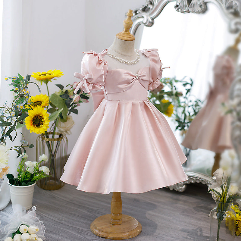 Pink Satin A-Line Flower Girl Dress with Beading & Puff Sleeves