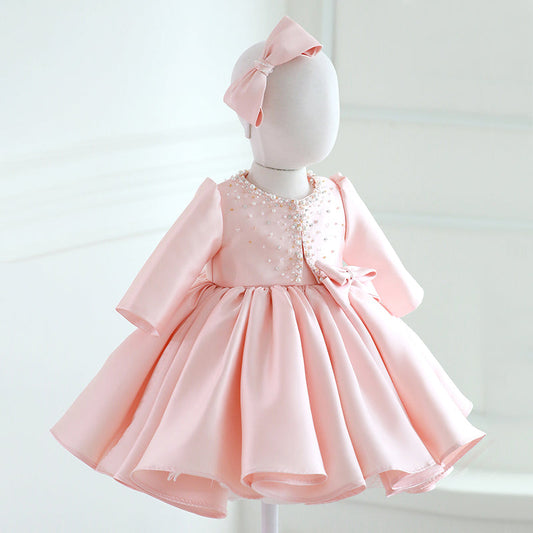 Pink Satin Beaded Bow Ball Gown Long Sleeve Dress for Girls - Birthday & Special Occasion