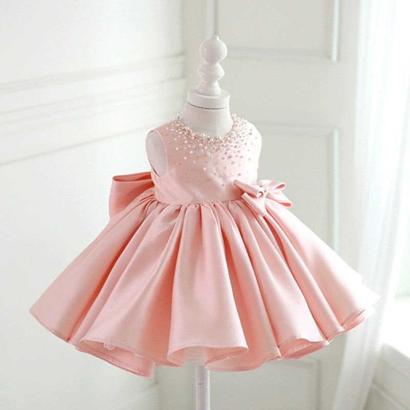 Pink Satin Beaded Bow Ball Gown Long Sleeve Dress for Girls - Birthday & Special Occasion