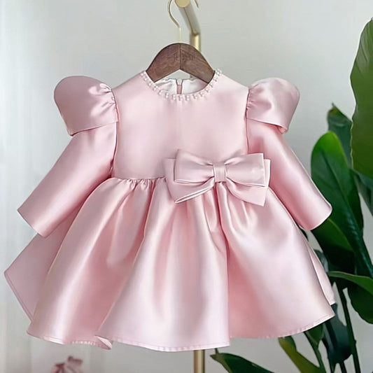 Pink Satin Bow Girls Ball Gown Dress | Long Sleeve Knee-Length Party Dress