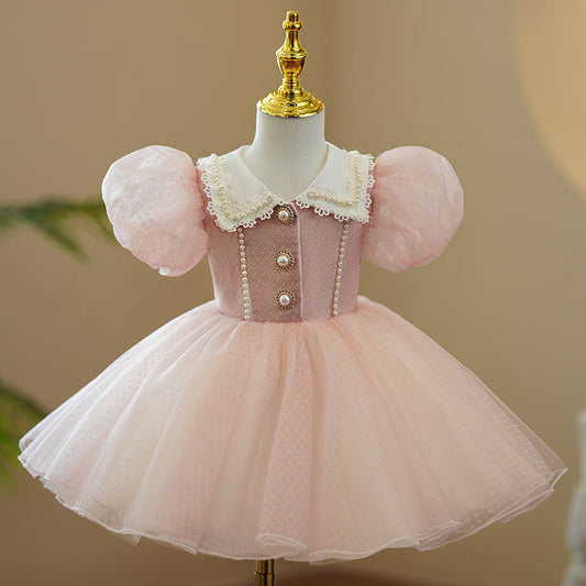 Pink Satin Organza Princess Flower Girl Dress Lace Collar