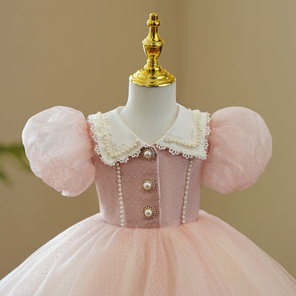 Pink Satin Organza Princess Flower Girl Dress Lace Collar