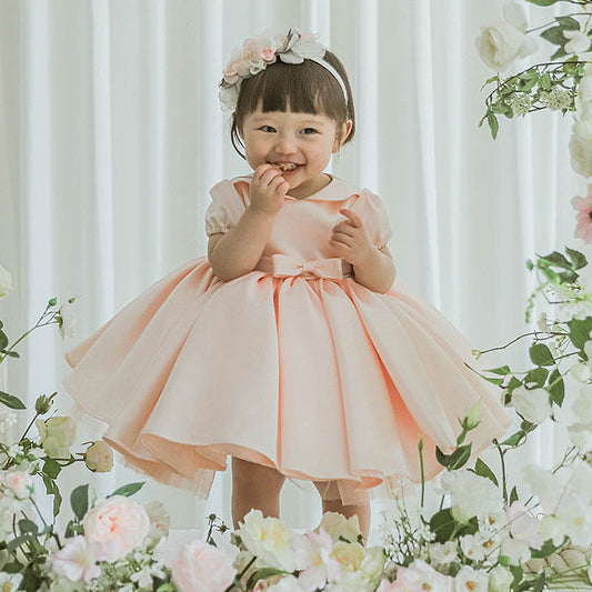 Pink Satin Princess Flower Girl Dress Collared Puff Sleeve