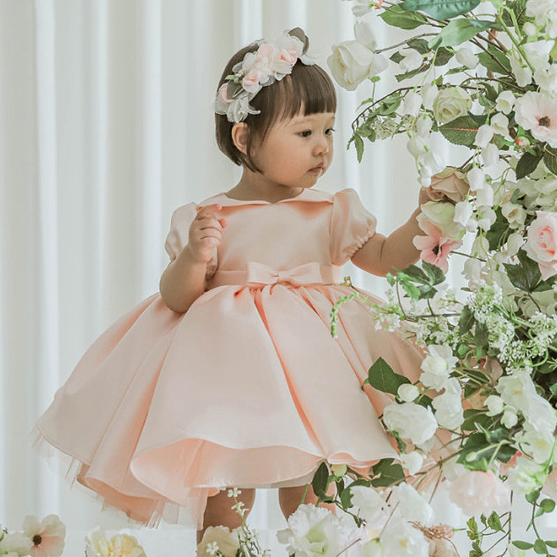 Pink Satin Princess Flower Girl Dress Collared Puff Sleeve