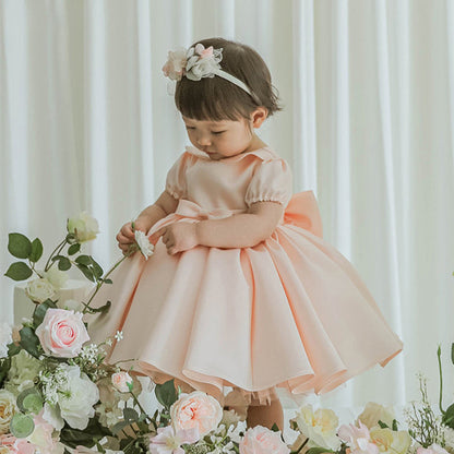 Pink Satin Princess Flower Girl Dress Collared Puff Sleeve
